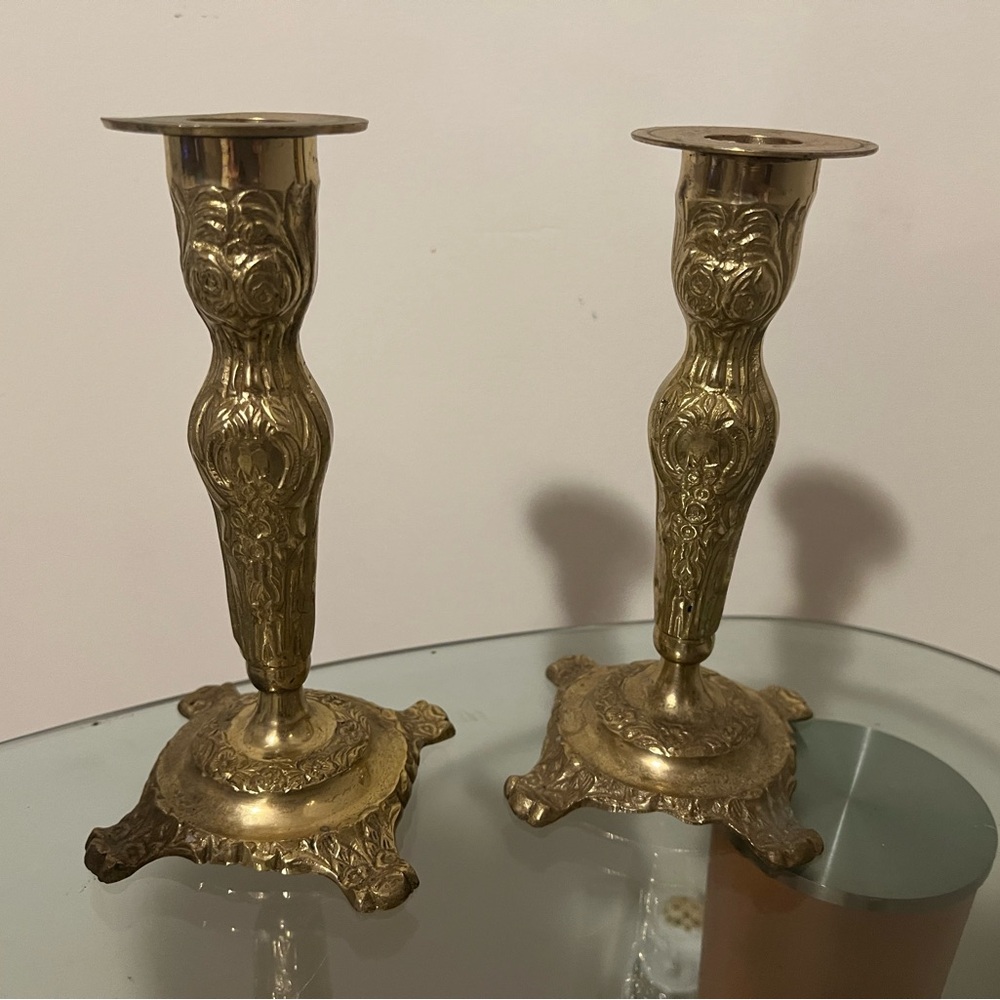 Vintage ornate baroque brass candle holder sticks (2)